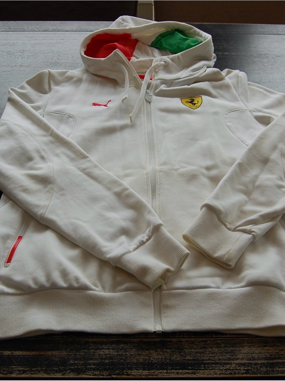 Scuderia Ferrari WhiteFull Zipper Hoodie with Red Puma Label and Green Stitching